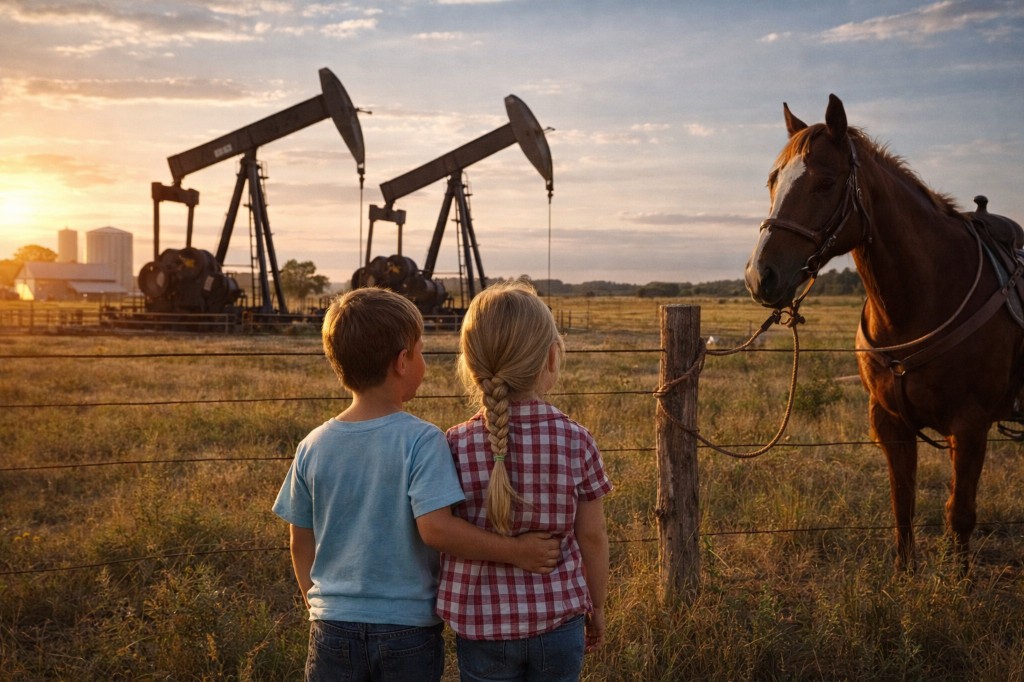 Children and a horse in a Texas field with oil pumpjacks at sunset