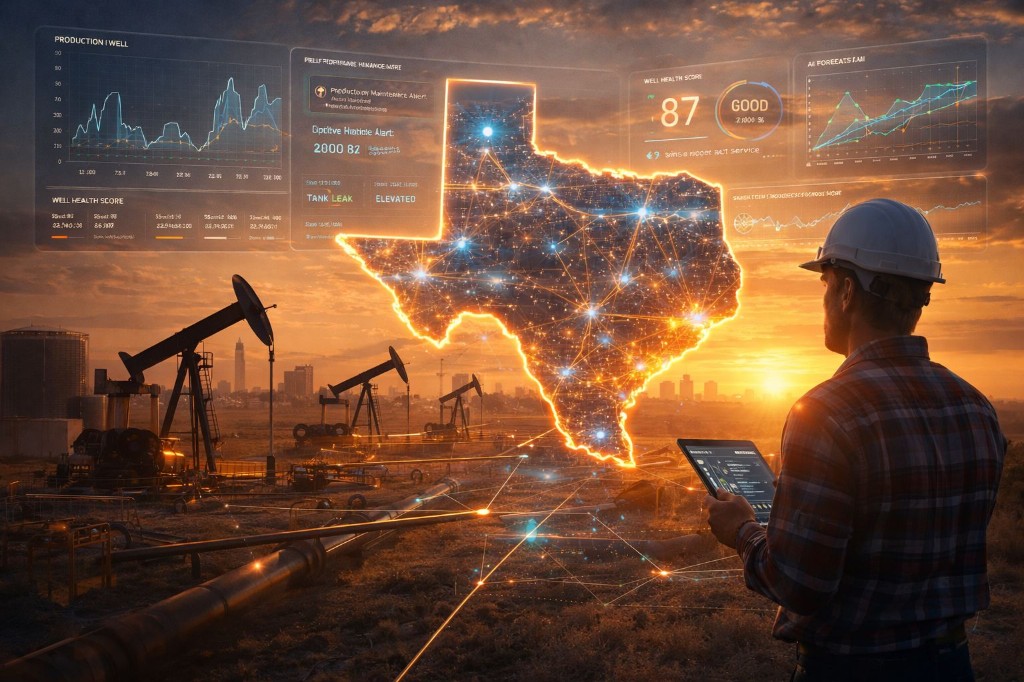 Field worker with tablet and digital Texas network overlay on an oil field